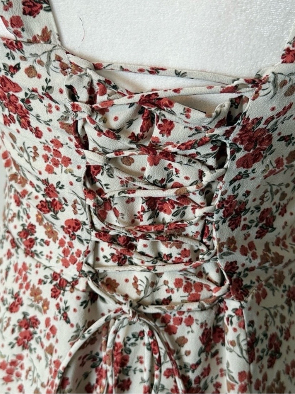 Windsor Cream Floral Lace-Up Dress with Red Flowers